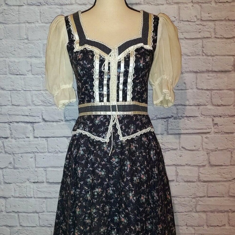Vintage Gunne Sax by Jessica Floral Polka Dot Corset Tie Lace Midi Dress